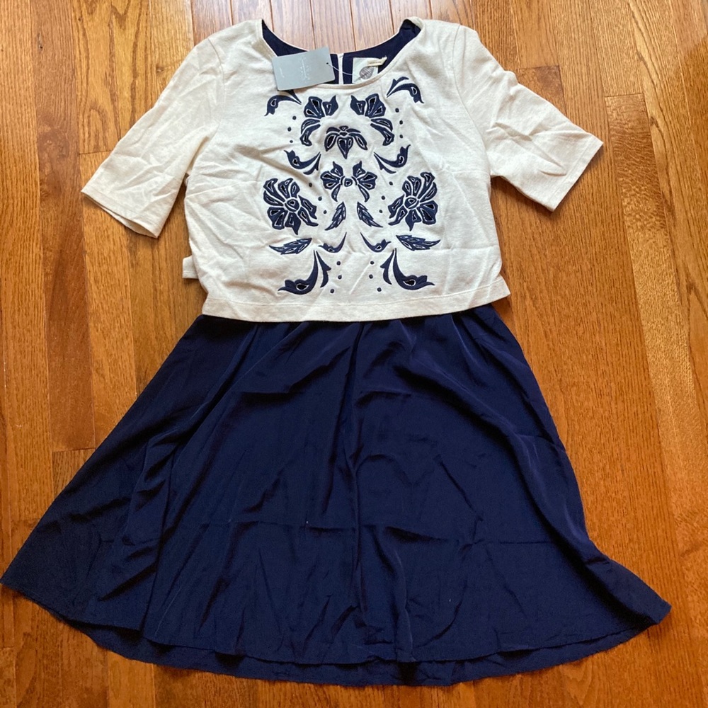 Navy & Cream Faux Shirt and Skirt Dress